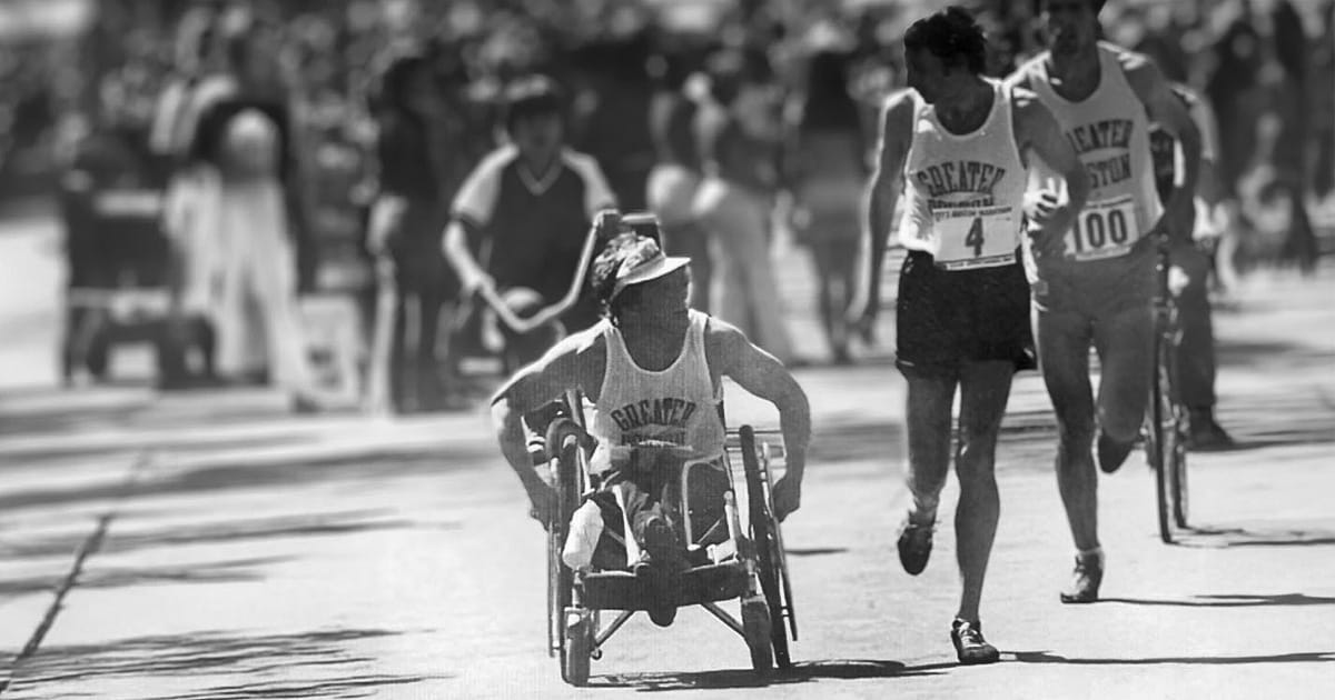 Bob Hall racing in a wheelchair during the Boston Marathon in the 1970s